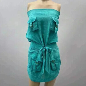 Y2K Tube Top Dress Size M/L Teal Cargo Pockets Glam Sleeveless Mini Boho Fairy